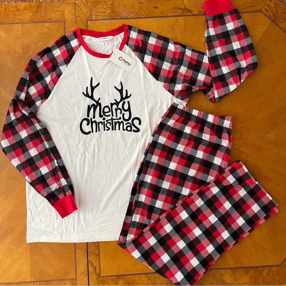 Christmas Pajamas Reindeer Red Black White Plaid matching set Sz 2XL PJs Unisex